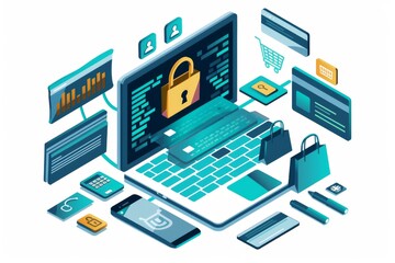 Futuristic Illustration of E commerce Security with Digital Locks, Shopping Elements, and Technology Icons