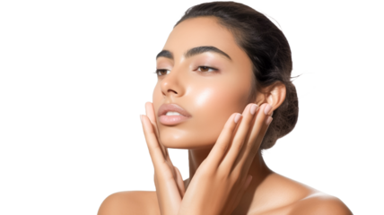 Indian woman with beauty face touching healthy facial skin portrait on transparent png background.

