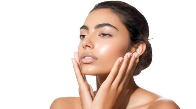 Indian woman with beauty face touching healthy facial skin portrait on transparent png background.

