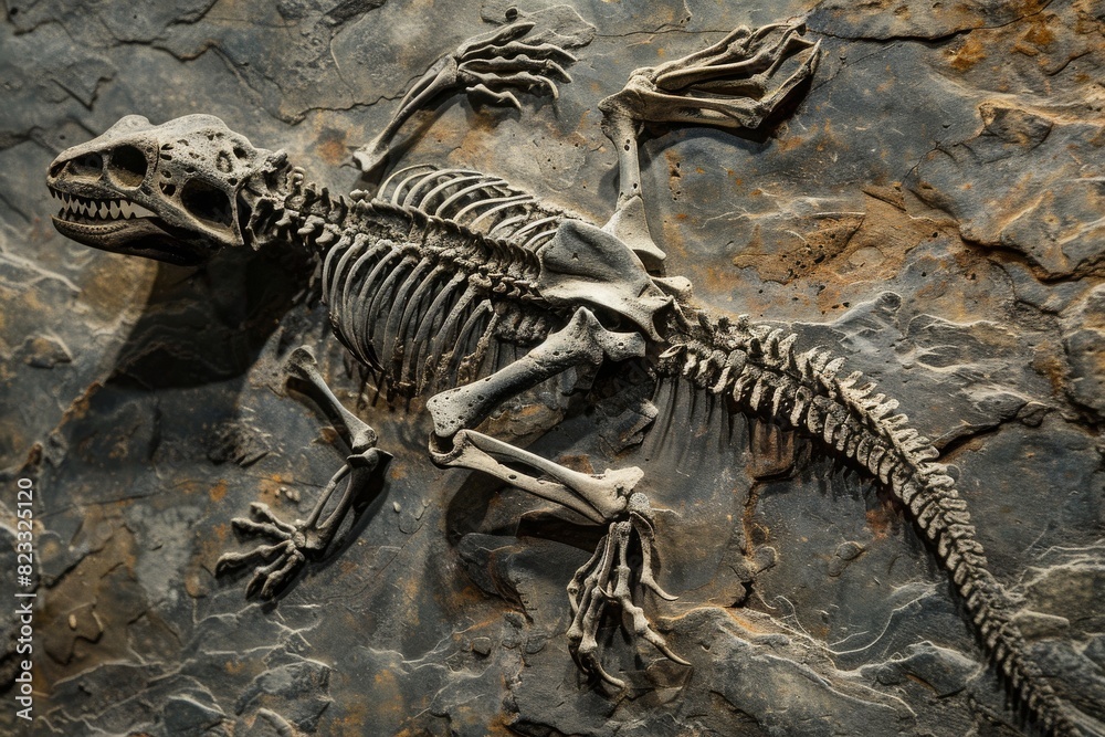 Poster This high-quality image captures the intricate details of a well-preserved dinosaur skeleton embedded in rock