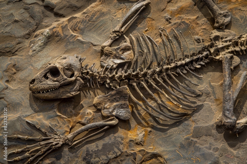 Poster Detailed close-up showing the fossilized remains of a dinosaur skeleton within the sedimentary rock