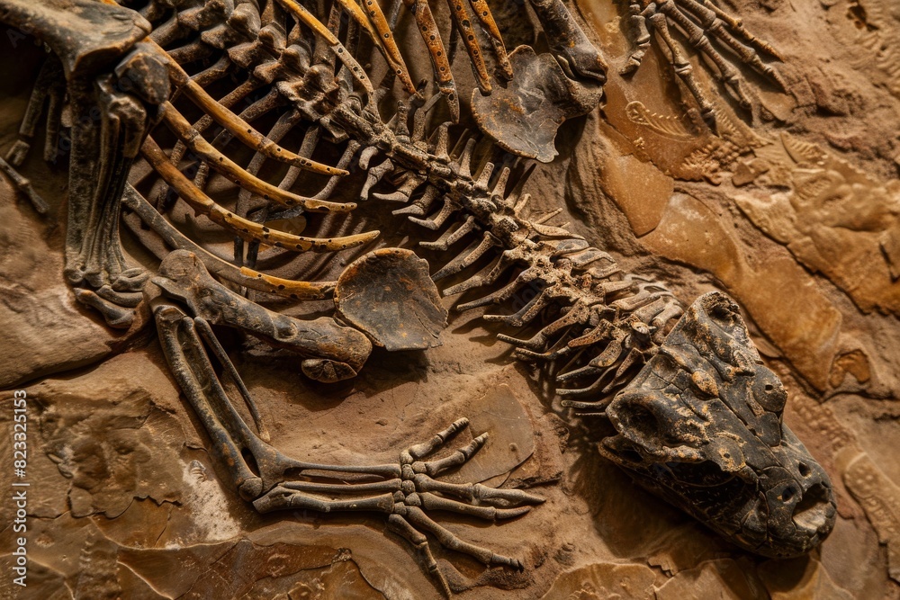 Poster showing a detailed ancient reptile skeleton, this fossil captures a moment frozen in time, perfect f