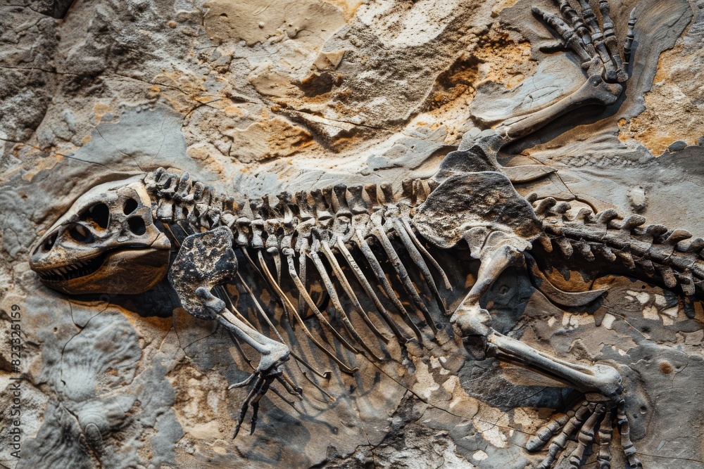 Poster A close-up, high-resolution image of a dinosaur fossil, showcasing its skeletal structure within the rock formation