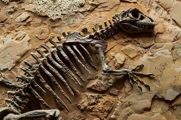 Preserved skeletal remains of a dinosaur showcased in its rock matrix, highlighting the process of...