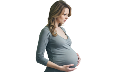Pregnant woman touching belly isolated on transparent png background.
