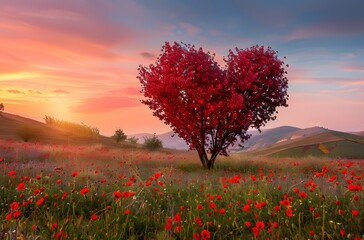 Heart Shaped Tree in Red Autumn Colors at Sunset
