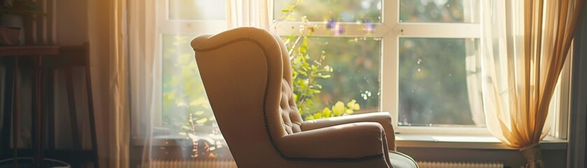 Calm reading corner, soft chair by window, gentle afternoon light, relaxing and quiet 