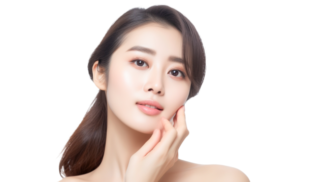 Beautiful young asian woman with perfect skin touching her face isolated on transparent background. Facial treatment. Cosmetology, beauty and spa concept. 