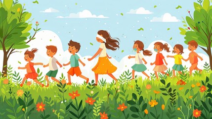 Kids playing hide and seek, outdoor game. Woman blindfold and children, joyful activity in nature. Happy summer recreation with boys and girls. Flat vector illustration isolated on white background