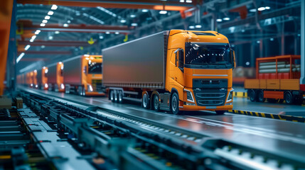 Modern trucks being assembled on a factory production line, showcasing advanced manufacturing processes and industrial efficiency