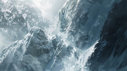 Cliff face of a peak giving way, avalanche of snow and ice, bright sunlight, close-up shot, powerful impact, dramatic realism