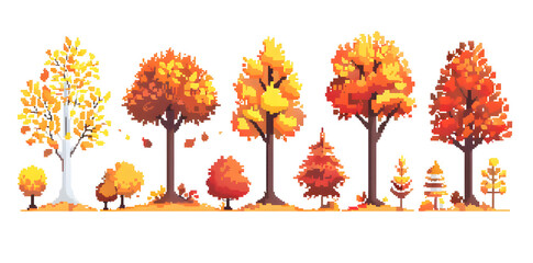 Pixel autumn yellow trees and bushes collection for arcade game assets isolated on white background