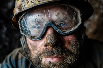 Fototapeta premium A miner's headshot with a blurred face, focusing on helmet and safety gear