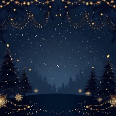 Fototapeta premium A Christmas card vector illustration, garland of lights, Christmas trees, blue night sky and gold color scheme, a garland of christmas lights, copy space for text