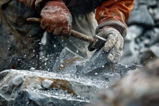 Close-up of a worker's gloved hands chiseling rock with debris flying