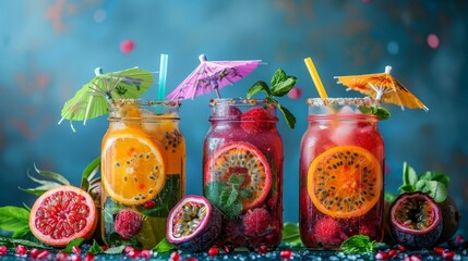 retro mason jars with passion fruit cocktails, adorned with fruit slices and umbrellas, creating an exotic drink theme