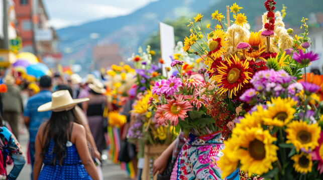 Colorful flowers fill the streets as people celebrate Feria de las Flores, a vibrant festival of flowers and culture in Medell&iacute;n, Colombia. The image captures the joyous atmosphere with crowds