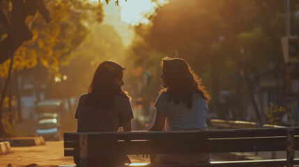 Two close friends sitting on a bench, deep in conversation, showcasing the depth and bond of true friendship on Friendship Day.