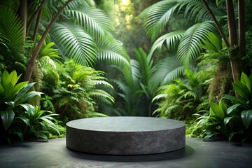 Obraz premium A circular podium for advertising products made of gray stone against a background of tropical leaves in the jungle. An empty stand made of natural stone for the demonstration of cosmetic products.