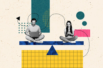 Composite photo collage of two happy girl guy business people type iphone laptop device sit scales...