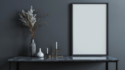 A modern minimalist office with a blank frame mockup under a grey polished table against a deep grey wall, exuding sophistication.