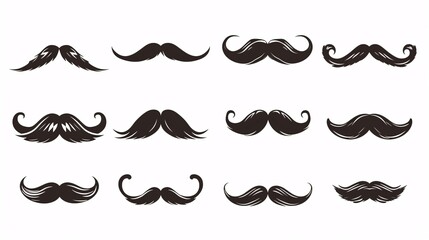 A dark moustache symbol on a blank background. Set of black and white mustache icons.