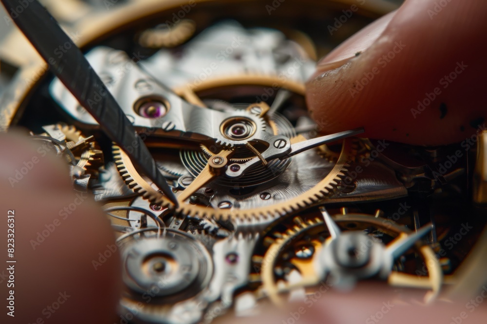 Poster a highly detailed image of a person repairing the intricate gears and springs of a clockwork mechani