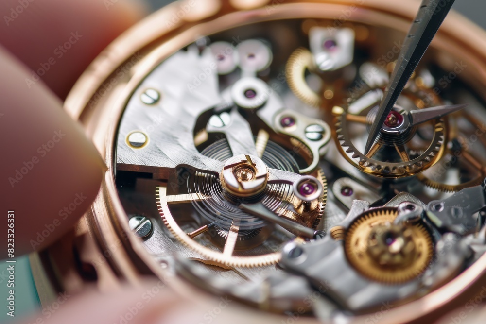 Aufkleber Photo displaying the fine art of watchmaking with a person skillfully using hand tools to service a watch mechanism