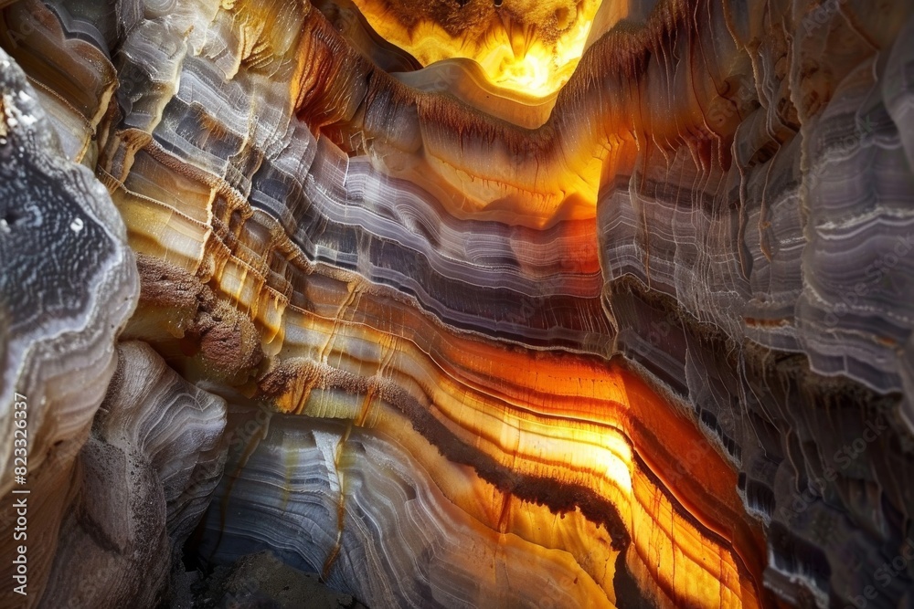 Poster a stunning view inside a cave highlighting the glowing layers of mineral deposits with a dramatic pl