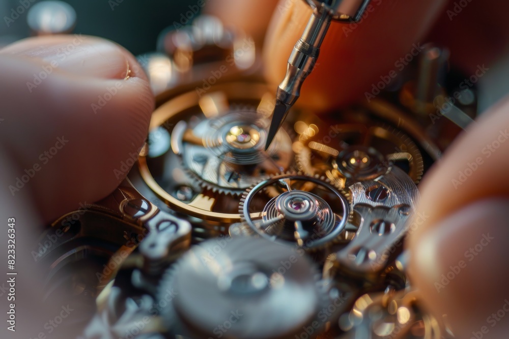 Poster Close-up photograph showing the detailed work of a watchmaker's hand tool operation on sophisticated watch mechanics
