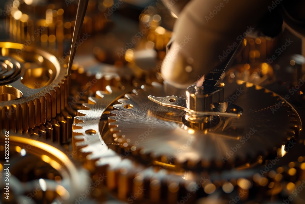 Poster A macro image showcasing the shining golden gears of a luxury watch being worked on