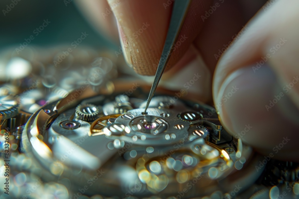 Aufkleber An image of a watchmaker using tools to delicately adjust the mechanical movement of a watch