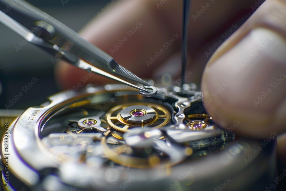 Aufkleber Macro shot of a detailed watch mechanism and a professional watchmaker's tools in action