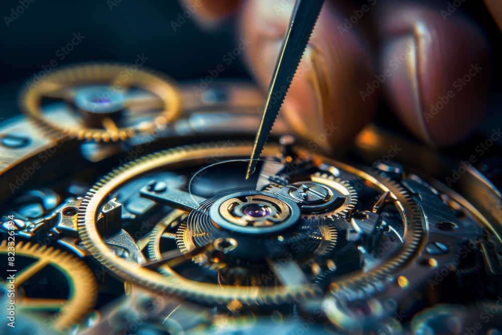 Poster This image gives a detailed view of a mechanical watch assembly process with a focus on gears and mechanism