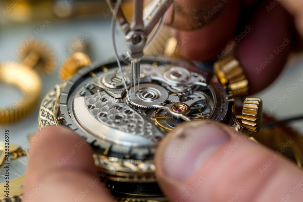 Poster A highly detailed image capturing a watchmaker's hands repairing the delicate components of a watch