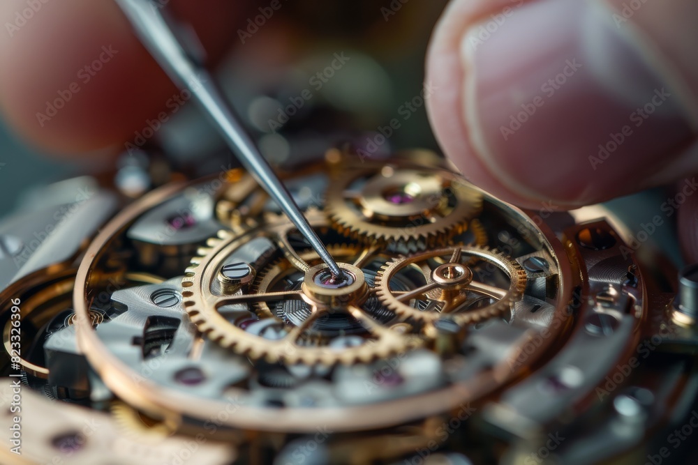 Poster close-up image of a watchmaker's hand placing a gear in a sophisticated watch mechanism