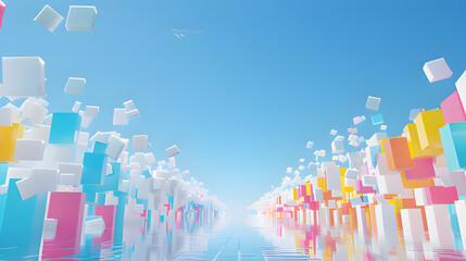A futuristic pathway with colorful 3D social media icons and floating cubes under a bright blue sky. The reflective surface and vibrant colors highlight digital connectivity and the dynamic nature of 