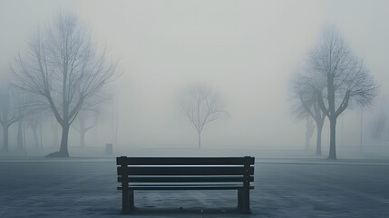 A solitary bench in a foggy park surrounded by bare trees. The misty atmosphere creates a sense of solitude and quiet contemplation, highlighting the tranquil, serene setting