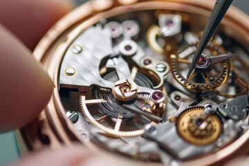 Photo displaying the fine art of watchmaking with a person skillfully using hand tools to service a watch mechanism