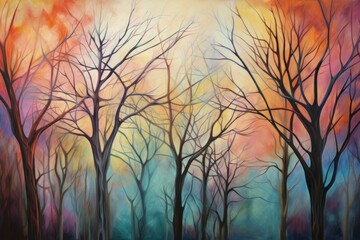 Abstract artistic painting of a mystical forest with colorful backdrop