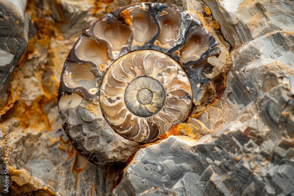 Poster A detailed close-up of an ammonite fossil, showing its intricate spiral pattern within the surrounding rocks