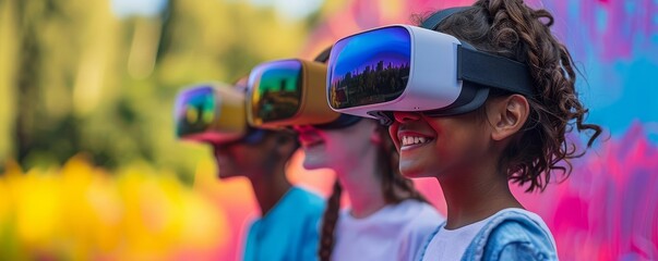 Students using VR headsets for a virtual field trip, immersive learning, realistic, bright colors