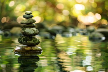 Obraz premium Close-up of Zen stone stack, balanced rocks, tranquil water reflection, soft natural light, minimalist composition, high detail, meditative mood