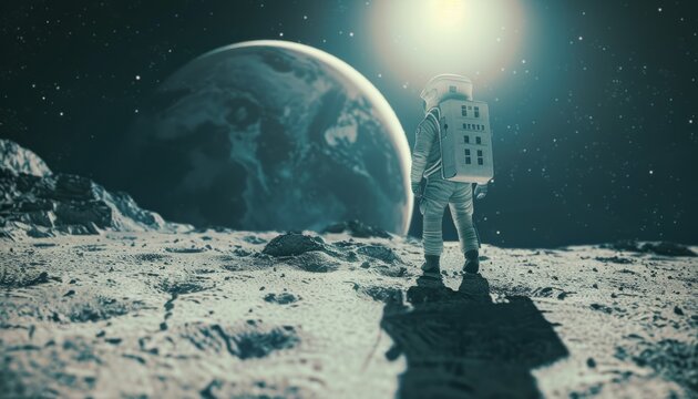 A conceptual image of space exploration with an astronaut walking on the moon and the Earth visible in the background, symbolizing the ongoing race back to the moon