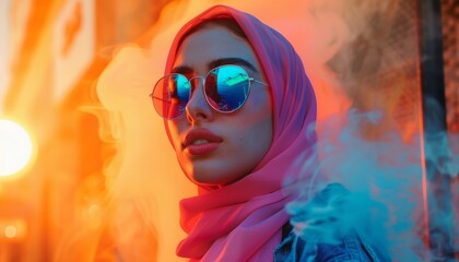 A Gen-Z beautiful Arabic female dressed in neon, stylish clothes, embodying vaporwave fashion with a retro flair