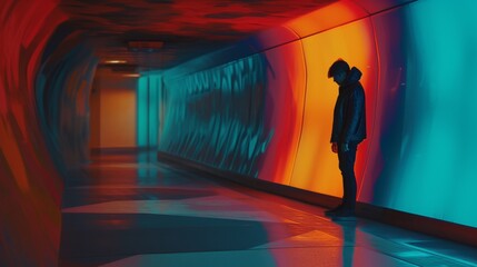 Moody shot of a man in a leather jacket standing alone in a brightly lit, multicolored corridor looking down