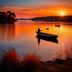 a vivid picture of a lake as the sun sets, casting a warm, orange glow over the water.