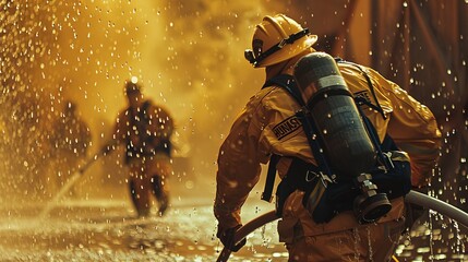 Firefighter in protective gear battling a blaze, heroic firefighter