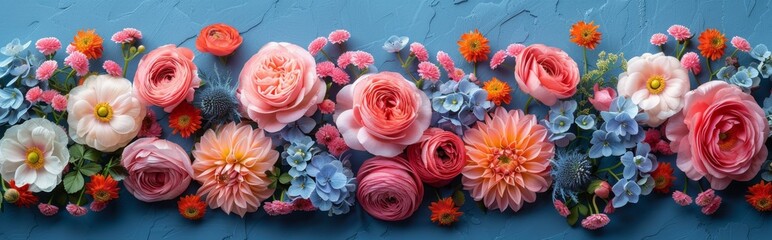 Fototapeta premium Creative layout made of various flowers. Flat lay delicate colorful bouquet as event greeting card, holiday celebration，Vibrant Floral Composition - Exquisite Arrangement of Colorful Blossoms in Stunn