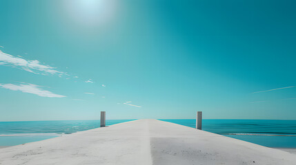 A white pier extending into a calm blue sea under a clear sky. The minimalist design and expansive ocean view evoke a sense of peace and serenity.